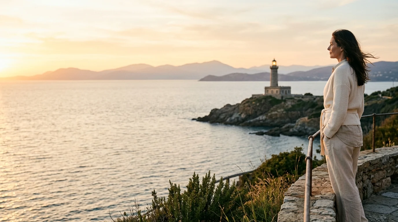 A woman looking out across the sea toward a lighthouse at sunset.
