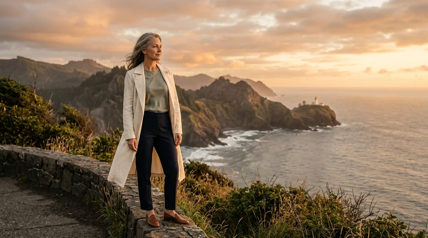 A woman walking along a winding coastal path at sunset.