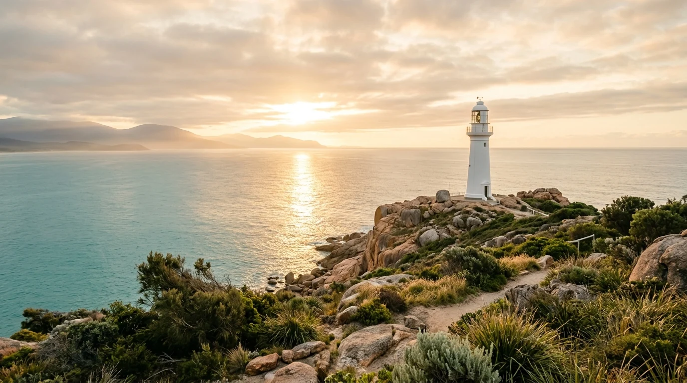 A lighthouse above a rocky coastline in warm morning light.