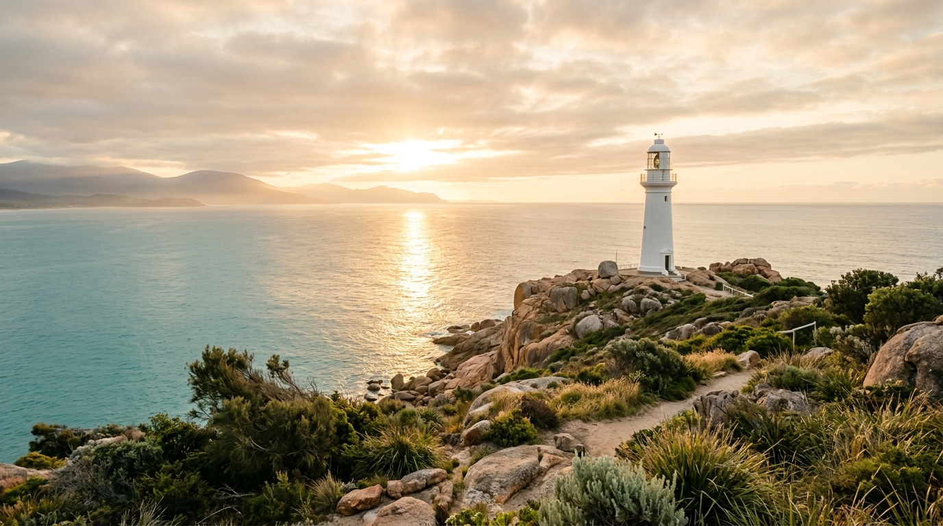 A white lighthouse on a rocky coastal headland as the sun rises over a calm sea.