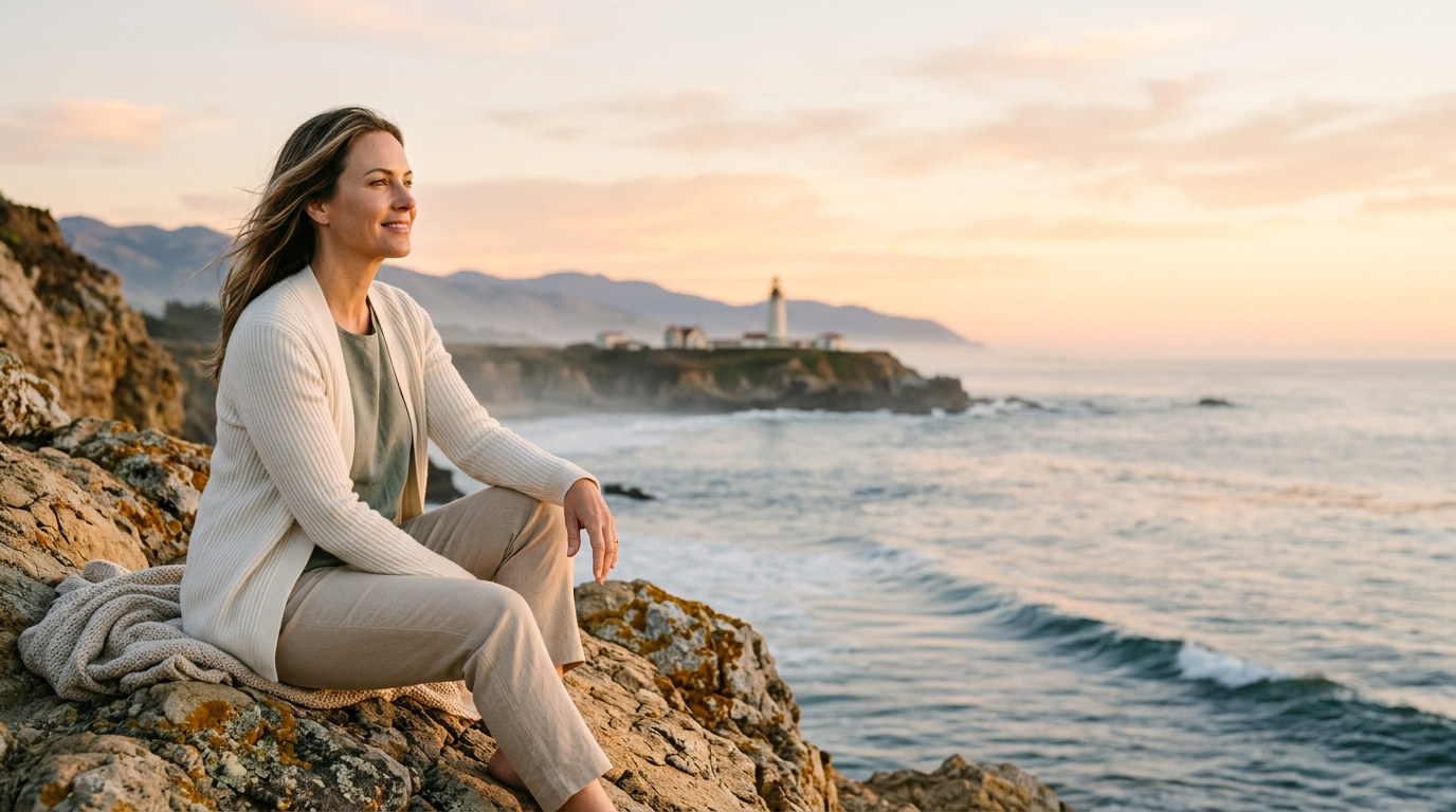 A woman sitting on coastal rocks at sunrise with a lighthouse on the headland behind her.