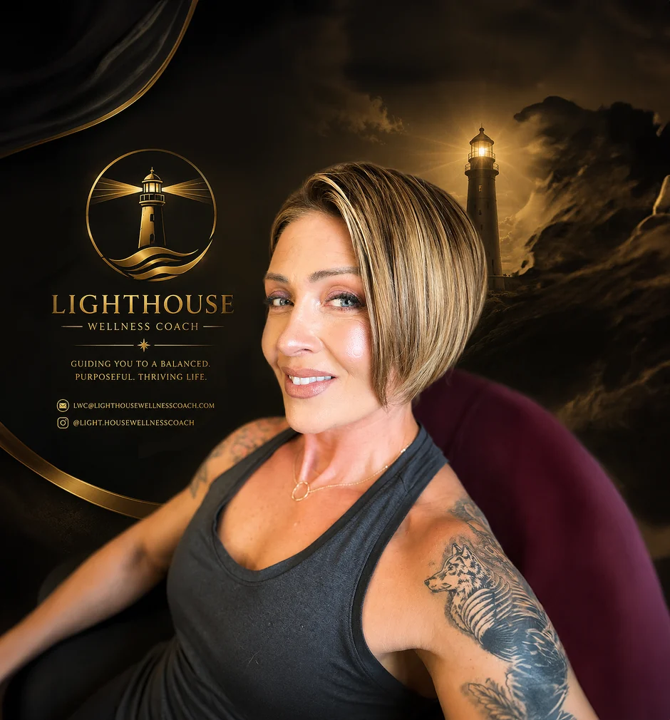Marjan Enlow, founder of Lighthouse Wellness Coach, on a Lighthouse Wellness Coach branded card.