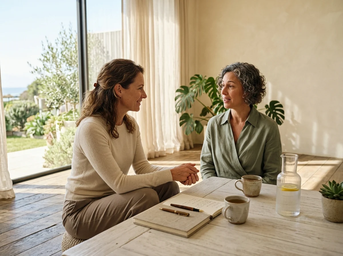 Two women discussing notes together in a naturally lit room.