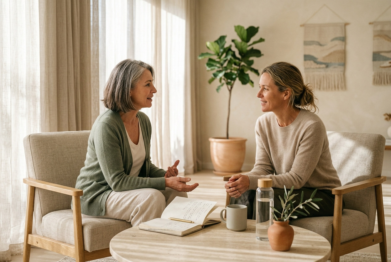 A coach and client in conversation in a calm, sunlit room.