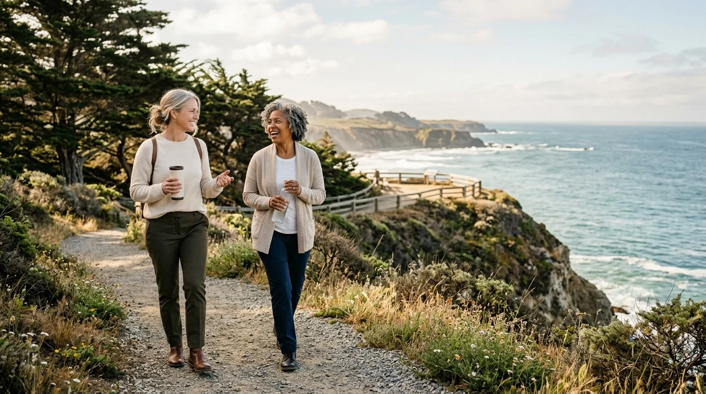 Two women walking together on a coastal path.