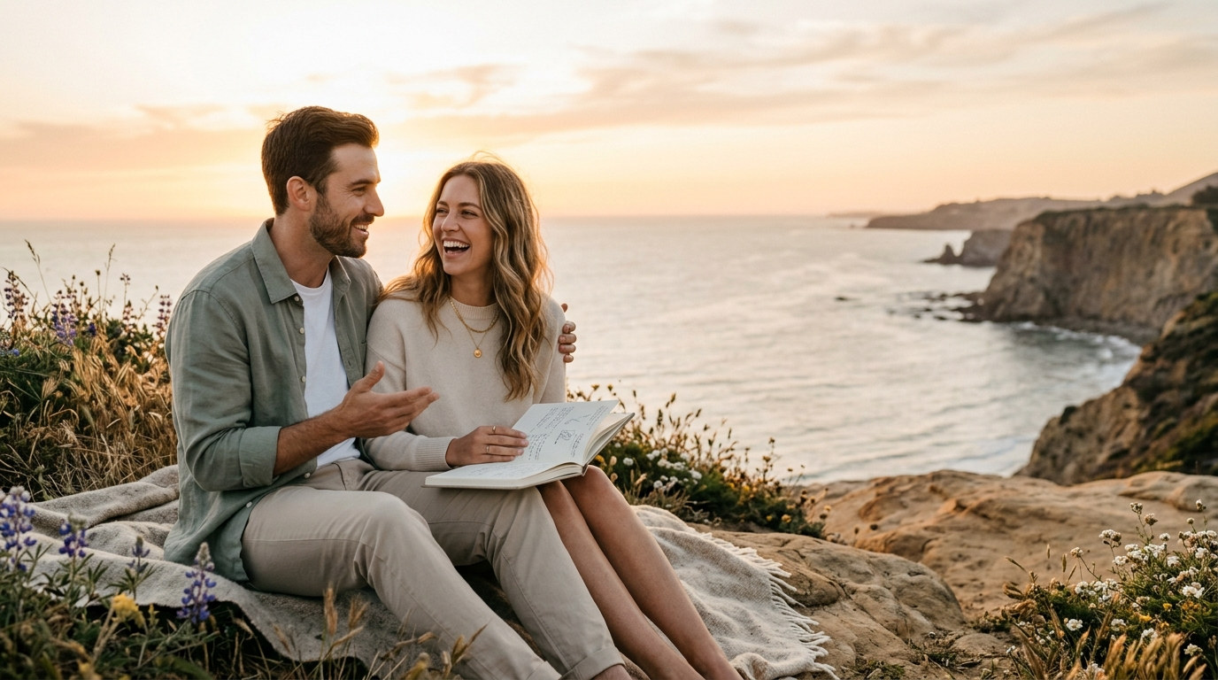 A young couple sitting together on a clifftop at sunset, talking and laughing.