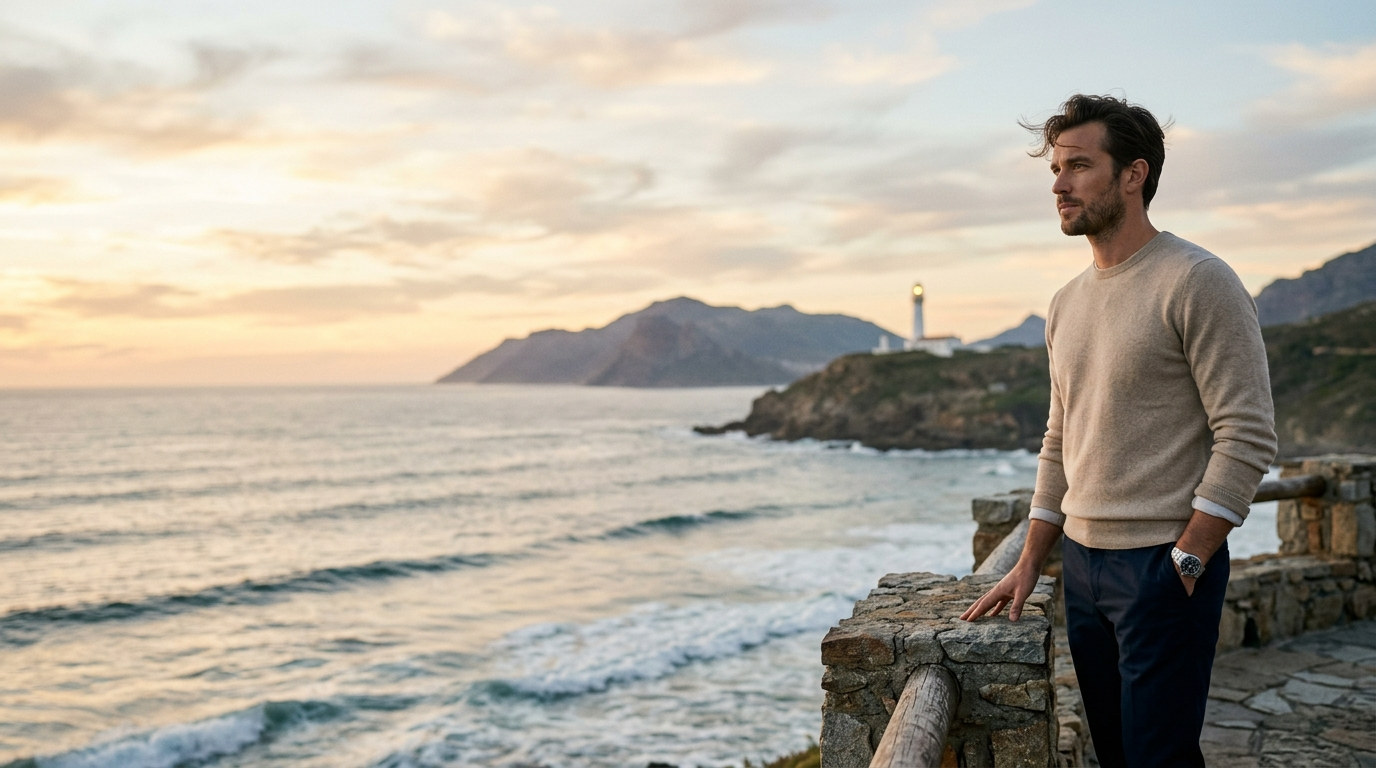 A man in his thirties looking out toward a lighthouse as the sun sets.