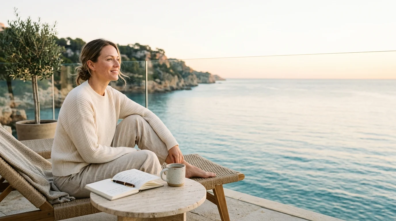 A woman writing in a notebook while seated beside the coast.